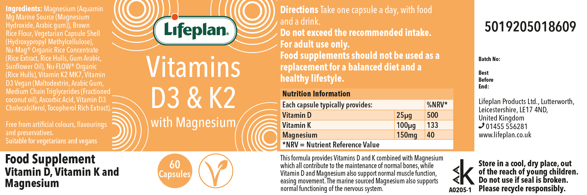 Lifeplan Vitamin D3 &, K2 with Magnesium